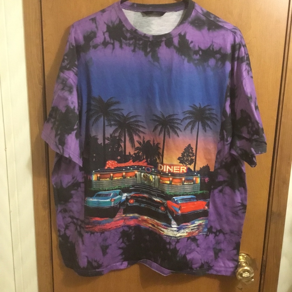 Shein Purple Car Vintage 1980 Retro Diner Tie Dye Palm Tree Short Sleeve Shirt M